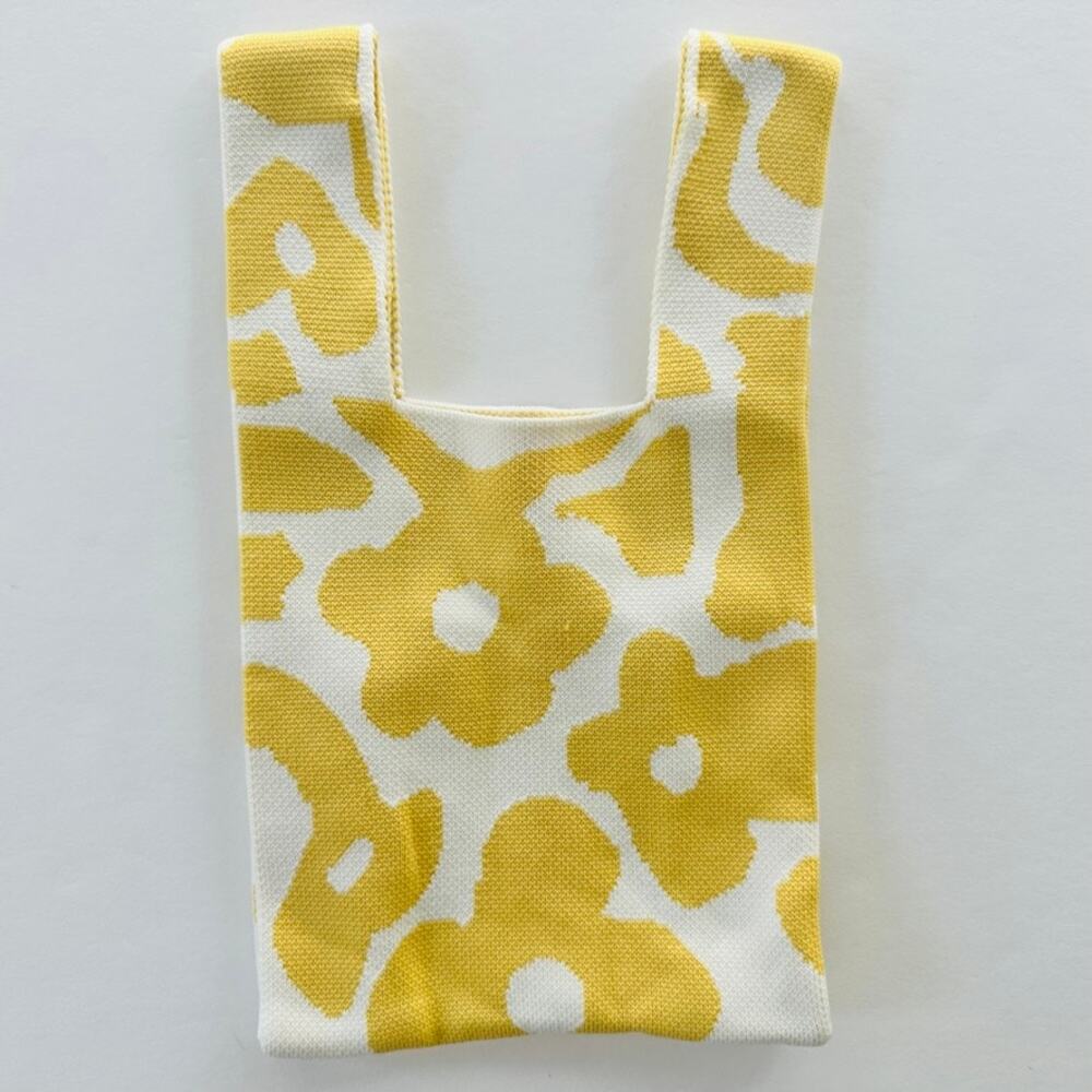 Mini Tote Bag Knit Purse Satchel Yellow White Floral Boho Small Wristlet Lunch
